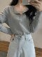 Korean Style Half-Open Collar Gray Long-Sleeve T-Shirt for Women, Early Spring New Style, Simple Casual Loose Fit, Regular Shoulder, Versatile Base Shirt ins