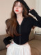 Short Hooded T-Shirt for Petite Women ins Women's 2025 Autumn New Style Fishbone Design Waist-Cinching Zipper Cardigan Top