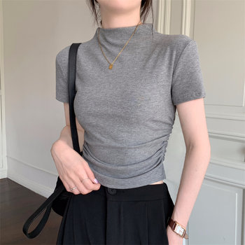 Half-High Collar, Tight-Fitting, Waist-Cinching, Pleated Short-Sleeve T-Shirt for Women, New Summer Korean Style, Pure and Elegant, Short, Regular Shoulder Top