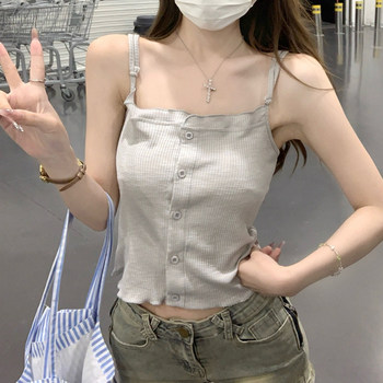 Square-Neck, Sweet and Elegant, Single-Breasted, Adjustable Strap, Women's Summer Crop Top with Ruffled Design for Outerwear