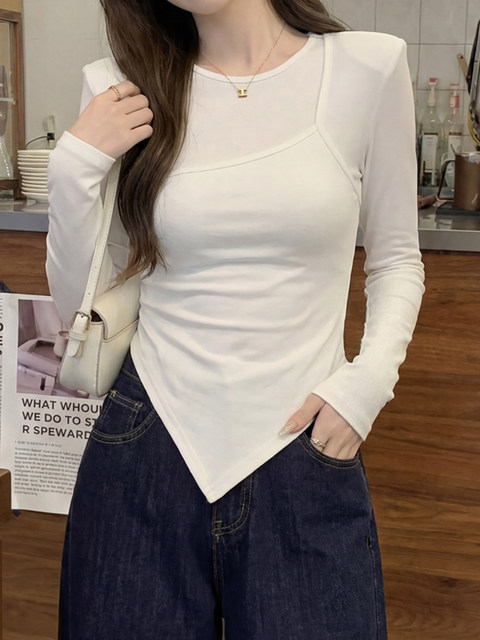 Hong Kong Style Spicy Girl Irregular Long-Sleeve T-Shirt for Women, 2026 Spring White Slim-Fit Flattering Base Shirt, Unique Top