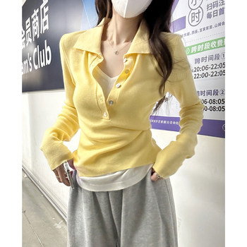 Pure Desire Hot Girl Ruched Slim-Fit Long-Sleeve Knit Top for Women 2025 Autumn Korean Version Fake Two-Piece Polo Collar Unique Trendy Top