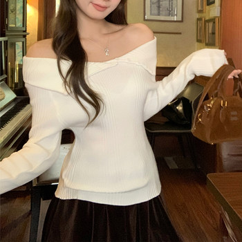 Korean-Style Gentle and Soft Chic Lapel Sweater for Women, Autumn and Winter Off-Shoulder Slim-Fit Beautiful Knit Top