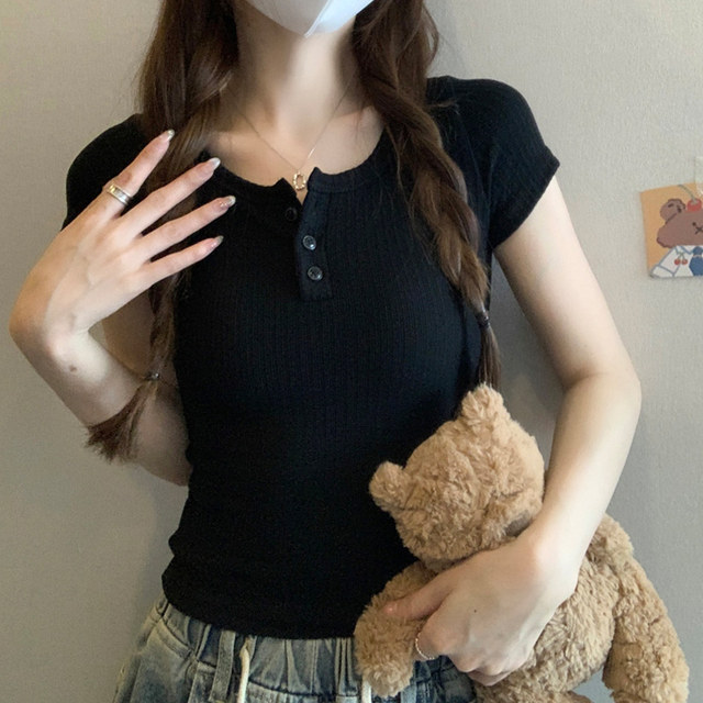 Spicy Girl Button-Up V-Neck Collarbone-Exposing Short-Sleeve T-Shirt for Women, New Summer Style, Petite Slim-Fit Short Top ins