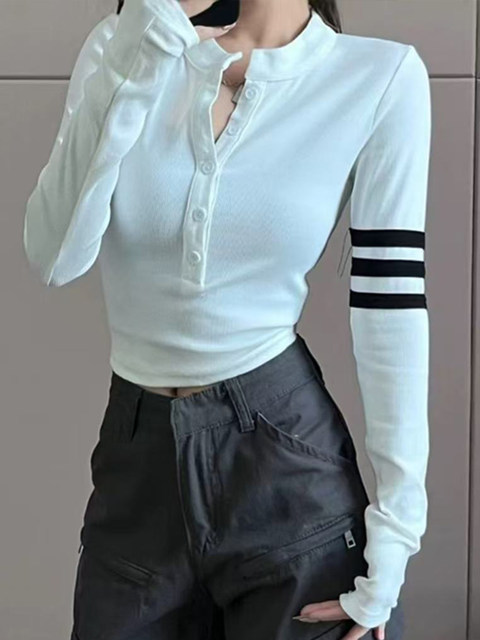 Korean Style Stand Collar Single-Breasted Long-Sleeve T-Shirt for Women, Spring Spicy Girl Style Slim Fit Short Striped Patchwork Base Shirt Top