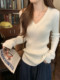 Korean Style Simple Solid Color Long-Sleeve T-Shirt Knitwear for Women 2026 Spring Versatile Elegant V-Neck Slim-Fit Base Shirt Top