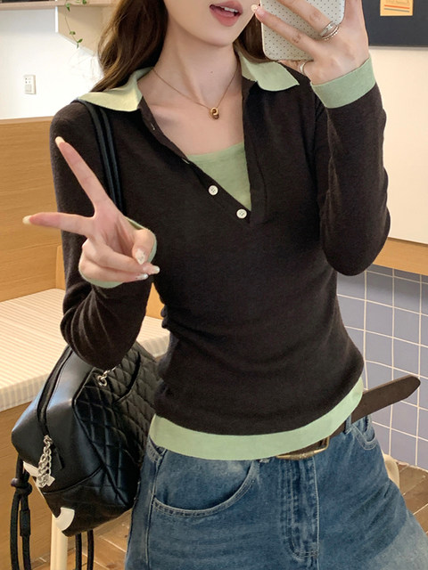 American Retro Style Slim-Fit Knit Sweater for Women, Spring Design, Unique Color-Blocking V-Neck Pullover Base Shirt