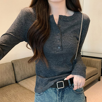 Korean Style Elegant Half-Open Collar Ribbed Long-Sleeve T-Shirt for Women, 2025 Autumn Design, Slim-Fit Base Layer Top