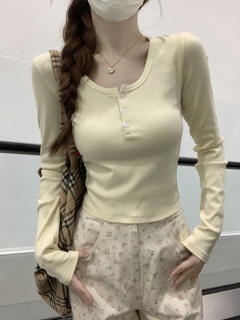 Be careful with square collar button-down long-sleeved T-shirt for women 2025 autumn petite slim fit versatile short crop top