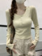 Be careful with square collar button-down long-sleeved T-shirt for women 2025 autumn petite slim fit versatile short crop top