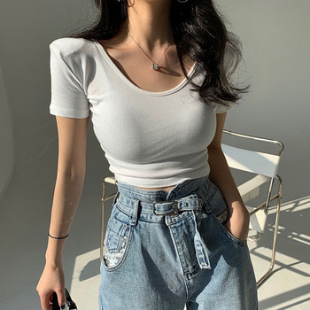 Pure Desire Style Large Round Neck Padded Shoulder White Short-Sleeve T-Shirt for Women, New Summer Tight-Fitting Crop Top for Layering