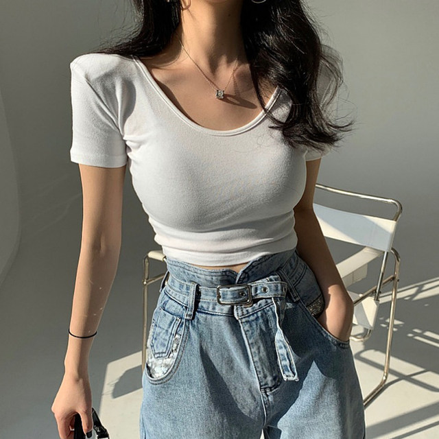 Pure Desire Style Large Round Neck Padded Shoulder White Short-Sleeve T-Shirt for Women, New Summer Tight-Fitting Crop Top for Layering
