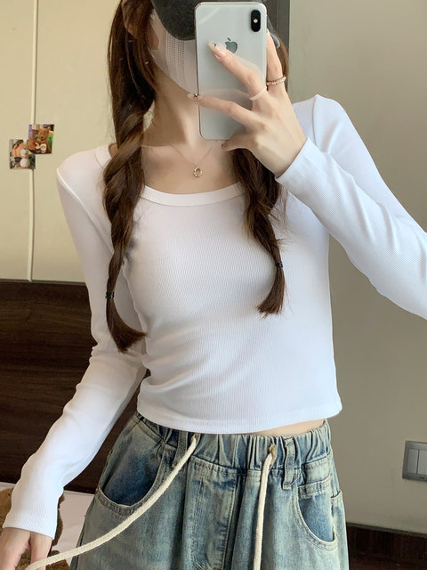 Korean Style Simple Gray Round Neck Ribbed Long-Sleeve T-Shirt for Women 2025 Autumn and Winter Sweet and Spicy Girl Style Brushed Base Top