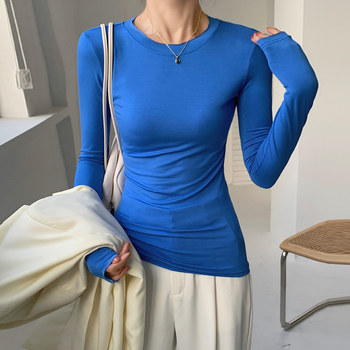 Chic Blue Round-Neck Long-Sleeved Bottoming Shirt for Women, New Autumn Korean Style Slim Fit Modal Inner Top