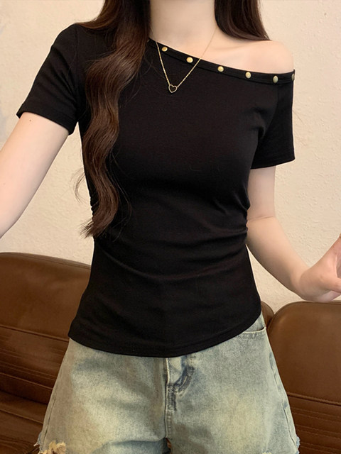 French-Style Fashionable Rivet Design T-Shirt for Women, Summer Pure Desire Off-Shoulder Short-Sleeve Top Ins