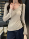 Casual V Neck Exposed Collarbone Bottoming T-Shirt for Women in Autumn and Winter, Pure Color Chic Knitted Shirt with Bell Sleeves, Slim Fit and Beautiful Top