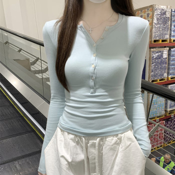 French-Style Half-Open Collar Unique and Beautiful Age-Reducing Top for Women, Autumn Design Button T-Shirt, Regular Shoulder Base Shirt ins