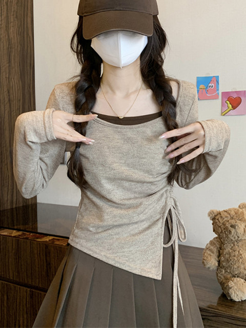 American-Style Sweet and Spicy Drawstring Ruched Long-Sleeve T-Shirt for Women, 2025 Autumn, Color-Blocking, Fake Two-Piece, Irregular Design Top