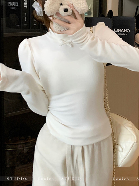 French-Style Gentle and Elegant Bow-Tie Unique Blouse for Women, New Spring High-Neck Design, Brushed Warm Top