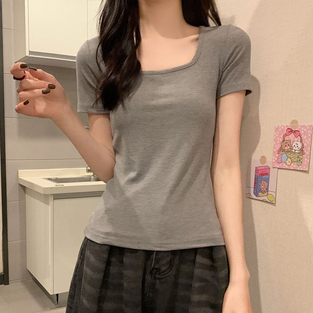 Spicy Girl Petite Square-Neck Ribbed Black Short-Sleeve T-Shirt for Women 2025 Summer New Slim-Fit Collarbone-Revealing Top Short