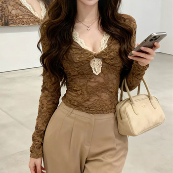 Sexy Hot Girl Twist-Knotted Long-Sleeved Lace Shirt for Women 2026 Spring Spliced Contrasting Color High-End Slim-Fit V-Neck Top