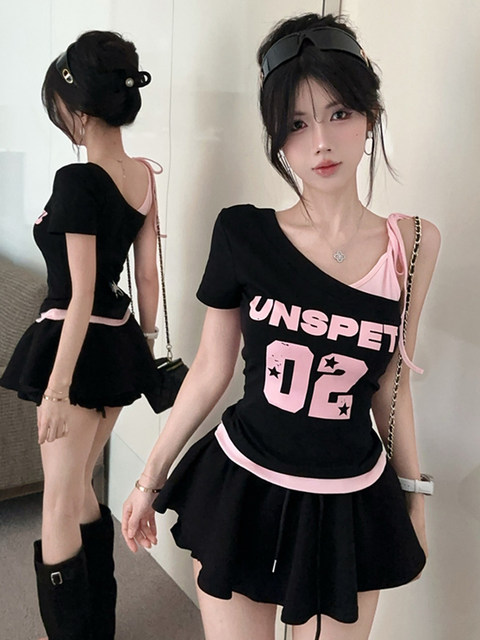 American-Style Spicy Girl Off-Shoulder Camisole Patchwork T-Shirt for Women, Color-Blocking Irregular Print Short Top, Mature and Elegant Style ins