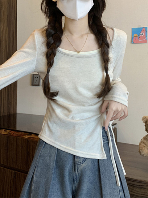 French-Style Sweet Slim-Fit Long-Sleeve T-Shirt for Women 2025 Autumn Color-Blocking Design Fake Two-Piece Drawstring Slit Top