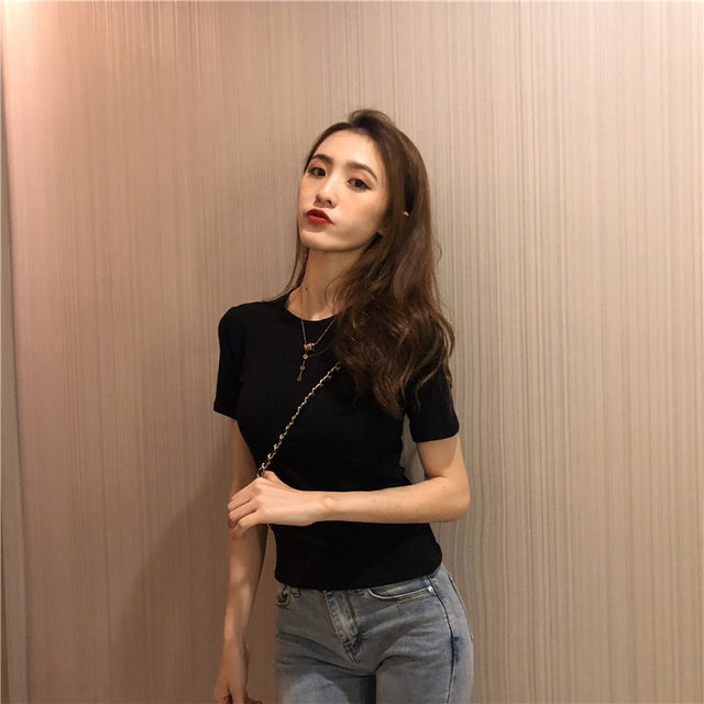 Basic Gray Short-Sleeve T-Shirt for Women, 2025 Summer New Korean Style Slim-Fit Base Shirt, Short Top ins