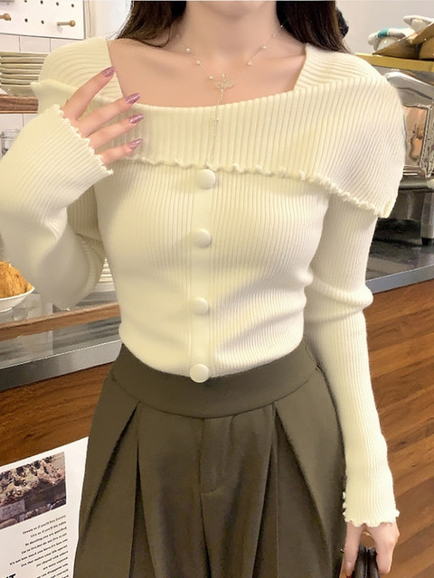 Korean Style Pure Desire One-Shoulder Slim-Fit Slimming Knit Sweater for Women, New Autumn Model with Unique and Exquisite Fake Two-Piece Design Top