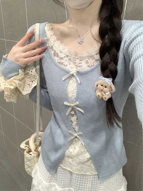 Lace Splicing Fake Two-Piece Bow Square-Neck Knit Top for Women, Super Pretty and Unique with a High-End Feel, Stunning Top for Autumn