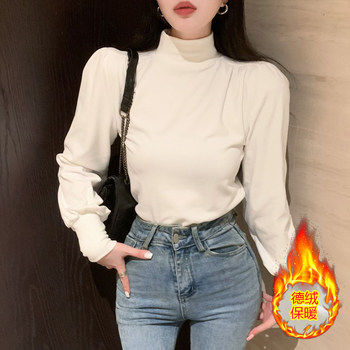 French-Style Half-High Collar Puff Long-Sleeve T-Shirt for Women, New Autumn and Winter Simple White Slim-Fit Thermal Base Layer Shirt ins