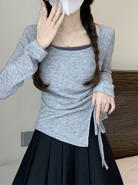 French-Style Sweet Slim-Fit Long-Sleeve T-Shirt for Women 2025 Autumn Color-Blocking Design Fake Two-Piece Drawstring Slit Top