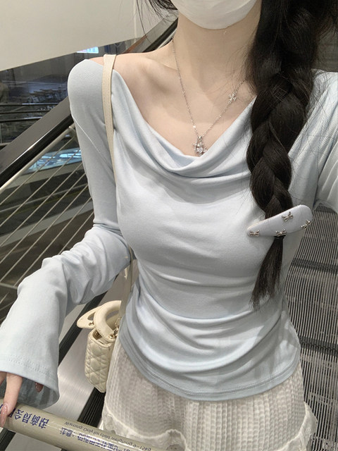 Korean Chic Style Flared Collar Bell-Sleeve T-Shirt for Women, Autumn Sweet and Gentle Versatile High-End Long-Sleeve Top ins