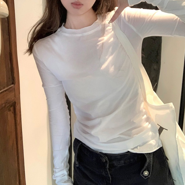 Chic Rolled-Edge Round-Neck Long-Sleeve T-Shirt for Women, New Spring and Autumn Thin Style, Simple White Slim-Fit Base Shirt ins