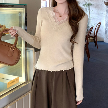 2025 New French-Style Lace V-Neck Knit Sweater for Women, Unique Slim Fit, Super Flattering Winter Base Layer Top