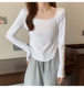 Women's Long-Sleeve T-Shirt, 2025 Autumn New Korean Style, U-Neck, Revealing Collarbone, Irregular Hem, Solid Color Base Shirt, Trendy Top