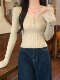 Korean Style Elegant V-Neck Slim-Fit Blouse for Women 2025 Autumn Pure and Alluring Unique Button Design Knitted Top