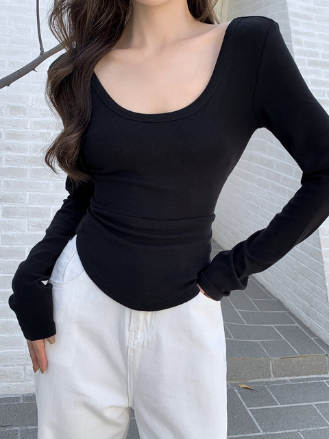 American-Style Spicy Girl Letter Print Backless U-Neck Long-Sleeve T-Shirt for Women, New Spring Elastic Slim-Fit Simple Inner Layer Top