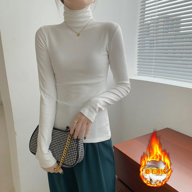 High-Neck Fleece-Lined Base Shirt for Women, Winter 2025 New Korean Style Slim-Fit Gray Brushed Ribbed Long-Sleeve T-Shirt Top