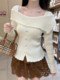 French-Style Sweet One-Line Neckline Ruffled Knit Top for Women, Spring Season, Button Design, Apricot Color, High-End Niche Top