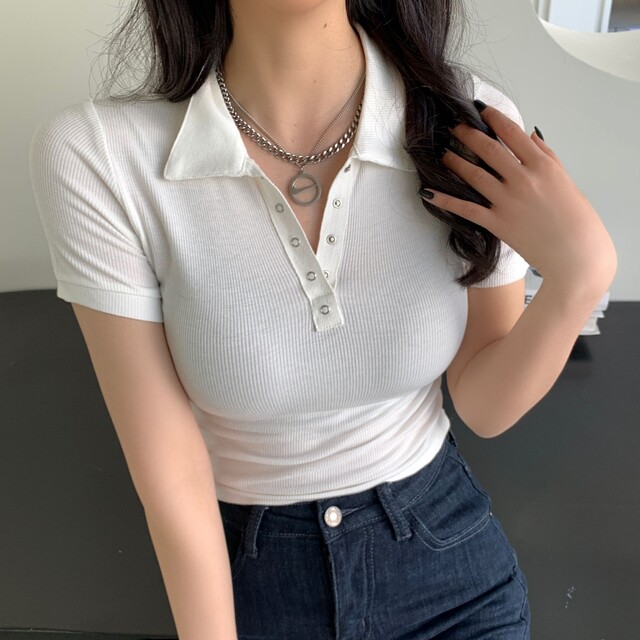 European Style Polo Collar Hidden Button White Short-Sleeve T-Shirt for Women, 2025 Summer New Base Layer Top, Short Style