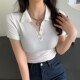 European Style Polo Collar Hidden Button White Short-Sleeve T-Shirt for Women, 2025 Summer New Base Layer Top, Short Style