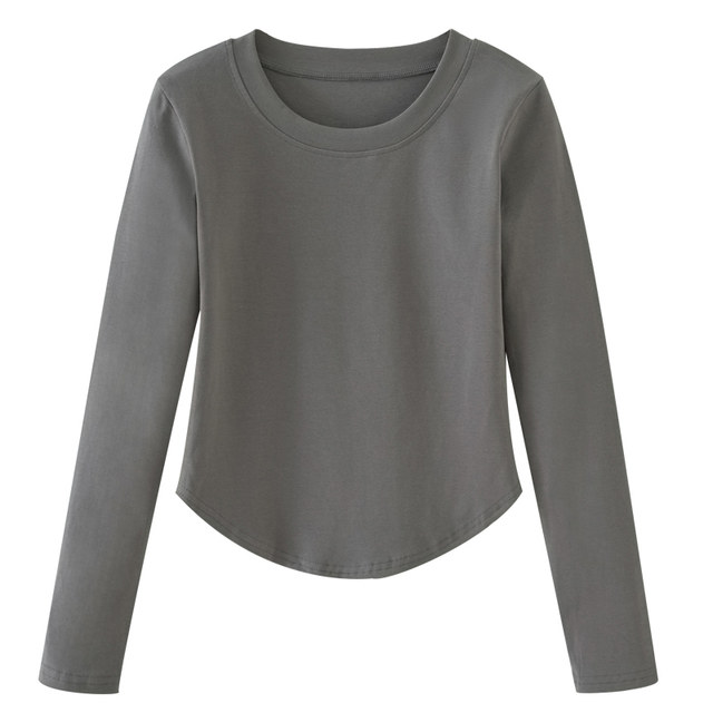 Pure Desire Round Neck Long-Sleeve T-Shirt for Women, 2025 Autumn Design with Curved Hem, Solid Color, Slim Fit, Short Top