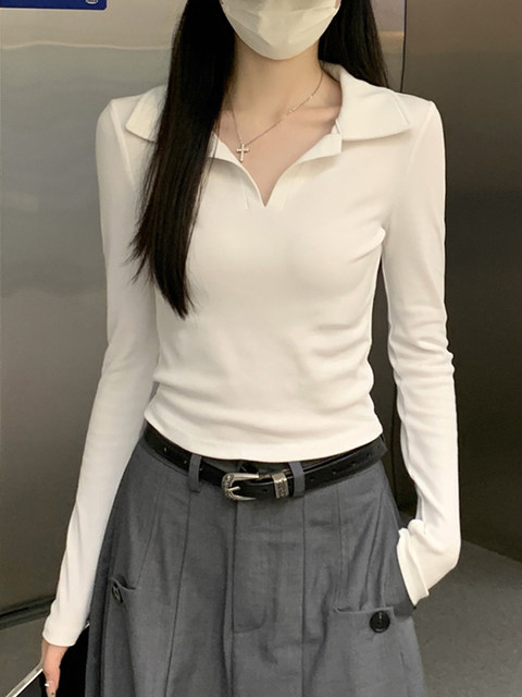 Casual and Stylish Slim-Fit Polo Collar Base Shirt for Women, Early Spring, Petite, Slimming, Versatile, Short, Elegant Top