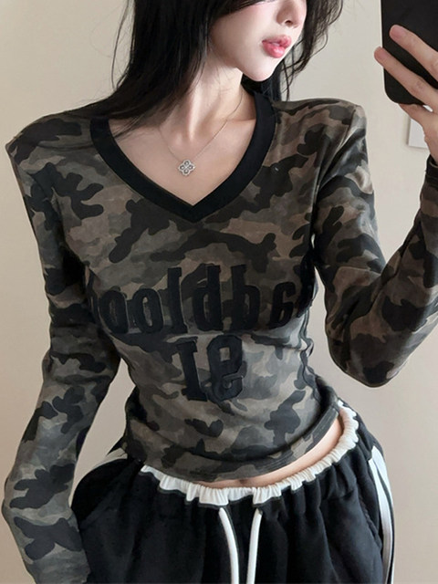 American-Style Spicy Girl Camouflage V-Neck Long-Sleeve T-Shirt, Early Autumn Waist-Cinching Slimming Crop Top, High-End Niche Unique Design Top