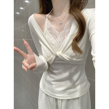 Korean Style Pure Desire Lace Halter Twist T-Shirt for Women, Spring Season, Sophisticated V-Neck Brushed Fabric Inner Top