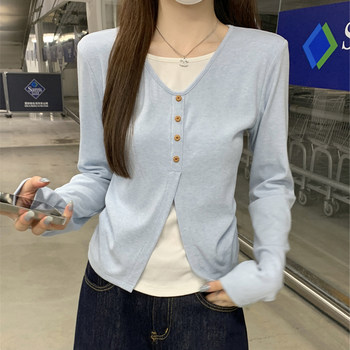 Korean Style Elegant Fake Two-Piece Color-Blocked Unique Slim-Fit Slimming Top for Women in Autumn, Unique and Beautiful Age-Reducing Top