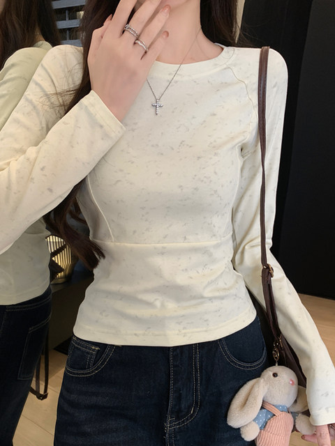 Korean Style Hot Girl Long-Sleeved Base Shirt with Tie-Dye Design T-Shirt for Women 2025 Early Autumn Fishbone Splicing High-End Short Top