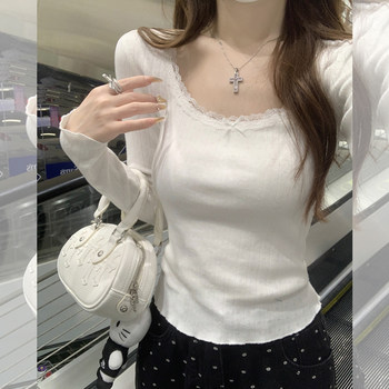 Fashionable Age-Reducing Lace Patchwork Versatile Base Shirt for Women, Long-Sleeved T-Shirt, Autumn Pure Desire Short Chic Base Top