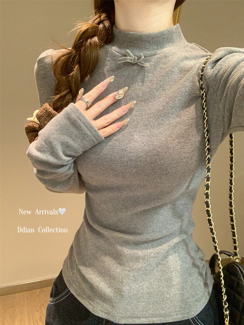 Korean Style Gentle Half-High Collar Puff Sleeve T-Shirt for Women, Autumn and Winter Brushed Fleece with Pleated Design Long-Sleeve Top ins